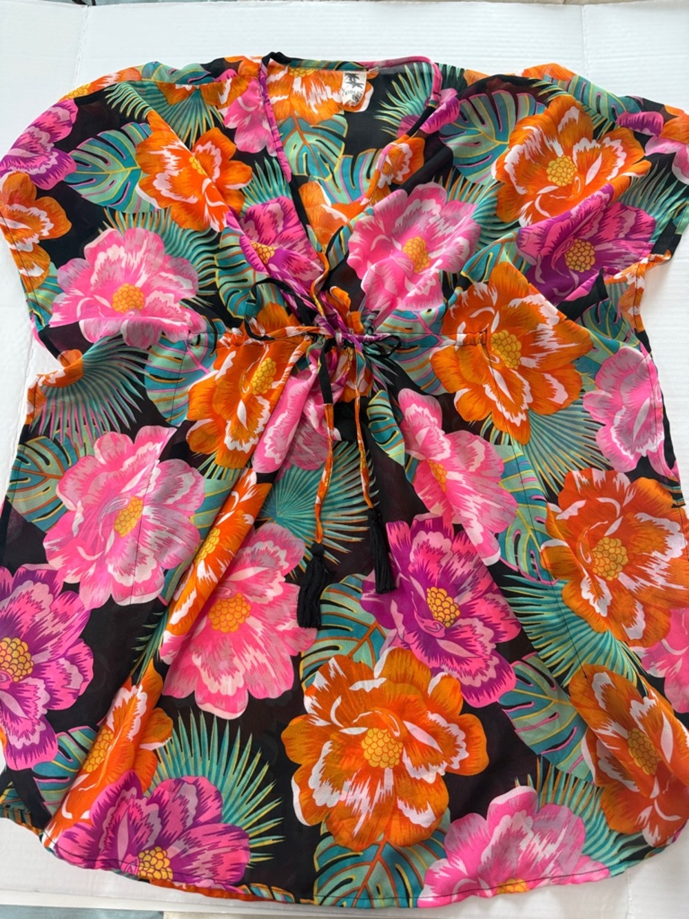 Violet Sky Floral Tie-Front kimono Tunic in Pink & Orange on Black
